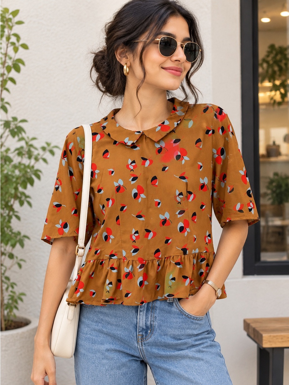 Vintage Style Structured Peter Pan Neckline Blouse | Earthy Coquette Peplum Top
